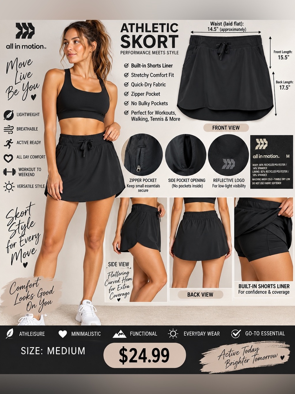 all in motion Black High-Low Athletic Skort with Drawstring